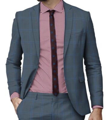 Men's Blue Suit Custom Made Windowpane Check Formal Business Bespoke Suits