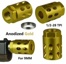 Aluminum 1/2x28 TPI Thread Muzzle Brake Anodized Gold Color For 9mm