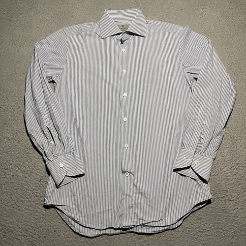 Canali Mens Dress Shirt 38 15 Stretch Blue Stripe Designer Italy Button