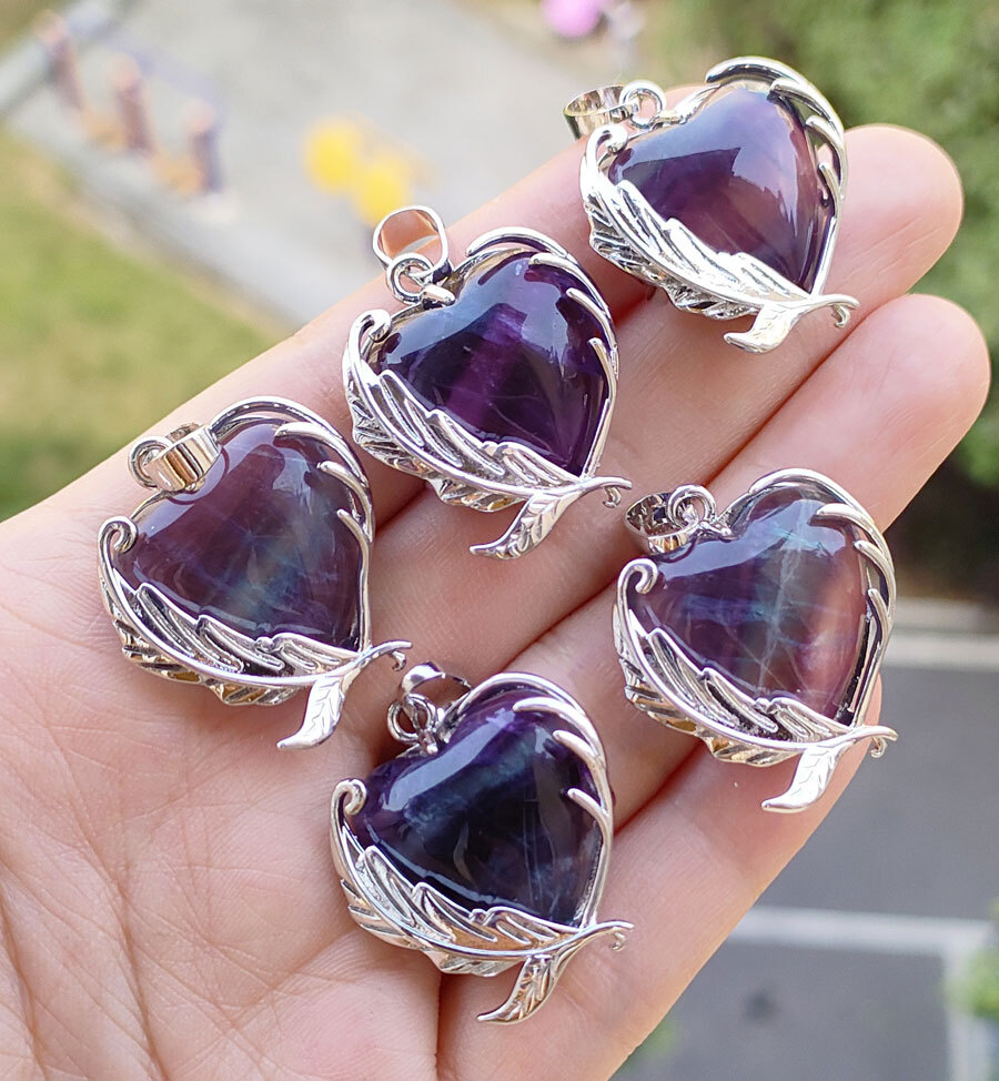 10pcs Natural Fluorite Gems Heart Leaf Pendants Magic Reiki Amulet Lucky