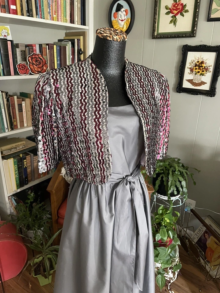 Винтажный платье/блестки куртка/ремень LUXE металлический серый розовый 60-х вечеринки официальный мод GLAM - Изображение 3 из 4