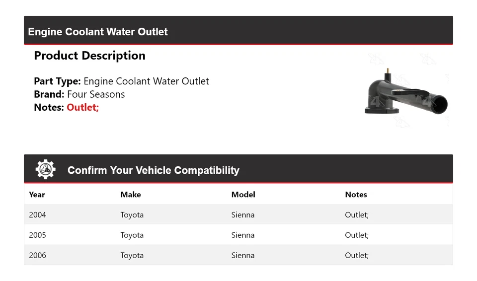 For 2004-2006 Toyota Sienna Engine Coolant Water Outlet 4 Seasons 2005 - Image 2 of 4