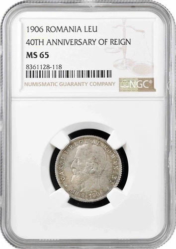 Romania 1 leu 1906, NGC MS65, "40th Anniversary - Reign of Carol I" silver coin