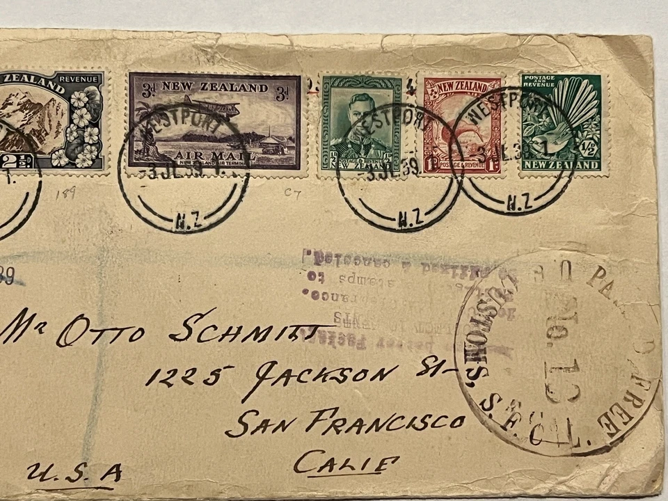 RARO 1939 REGISTRADO NUEVA ZELANDA CUBIERTA ADUANAS SFC PASADO MATASELLOS A CALIFORNIA Foto 4 de 4