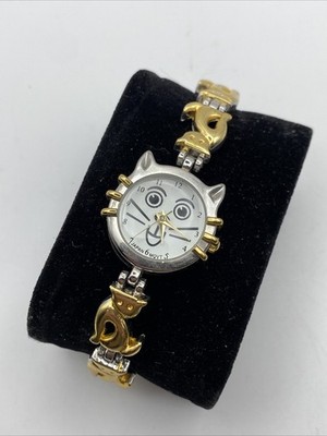 Cat Face Women Watch 25mm White Dial Two Tone Cat Bracelet New Battery 7 