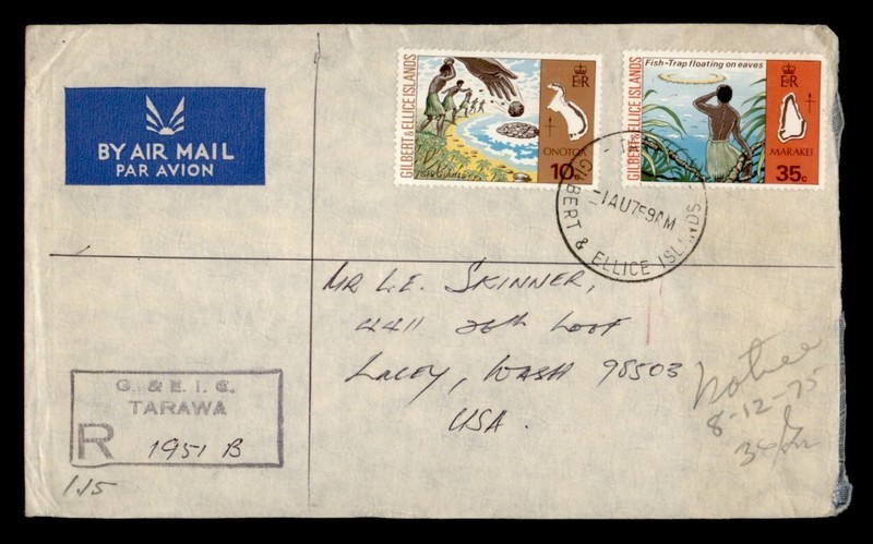 DR WHO 1975 GILBERT & ELLICE ISLANDS REGISTERED TARAWA AIRMAIL TO USA R72360