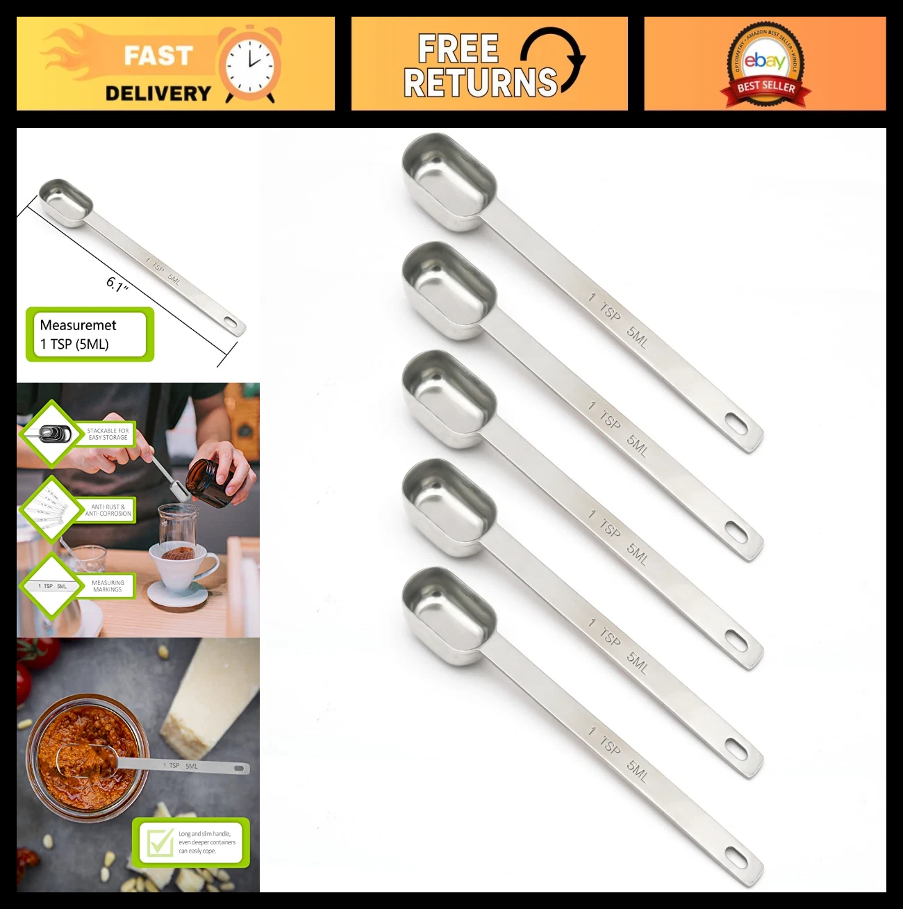 5PCS Stainless Steel Measuring Spoons Set - 1tsp (5ml) Long Handle Teaspoons