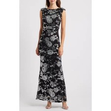 Eliza J Navy Black Silver Sequin Floral Sheath Gown Size 4 $248
