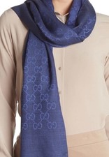 GUCCI wool/silk Knit Monogram GG print Scarf Eyelash Fringe Dark Blue 500 Wrap