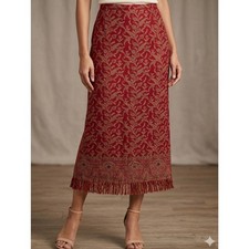 Nouveaux Vintage Red Paisley Tapestry Beaded Fringe Maxi Skirt Size 12