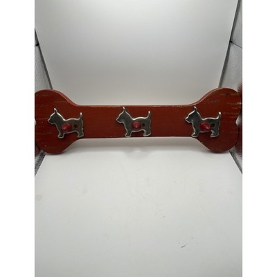 Creative Co-Op Red Wood Dog Bone Wall Rack Leash Key Holder Scottie Dog 3 Hooks