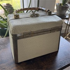Vintage 1970  s White Wicker Box Handbag with Bamboo Handle and Metal Accents