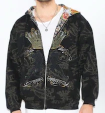 Christian Audigier Zip Up Hoodie Y2K Big Logo Men’s Size M Reversible Vintage