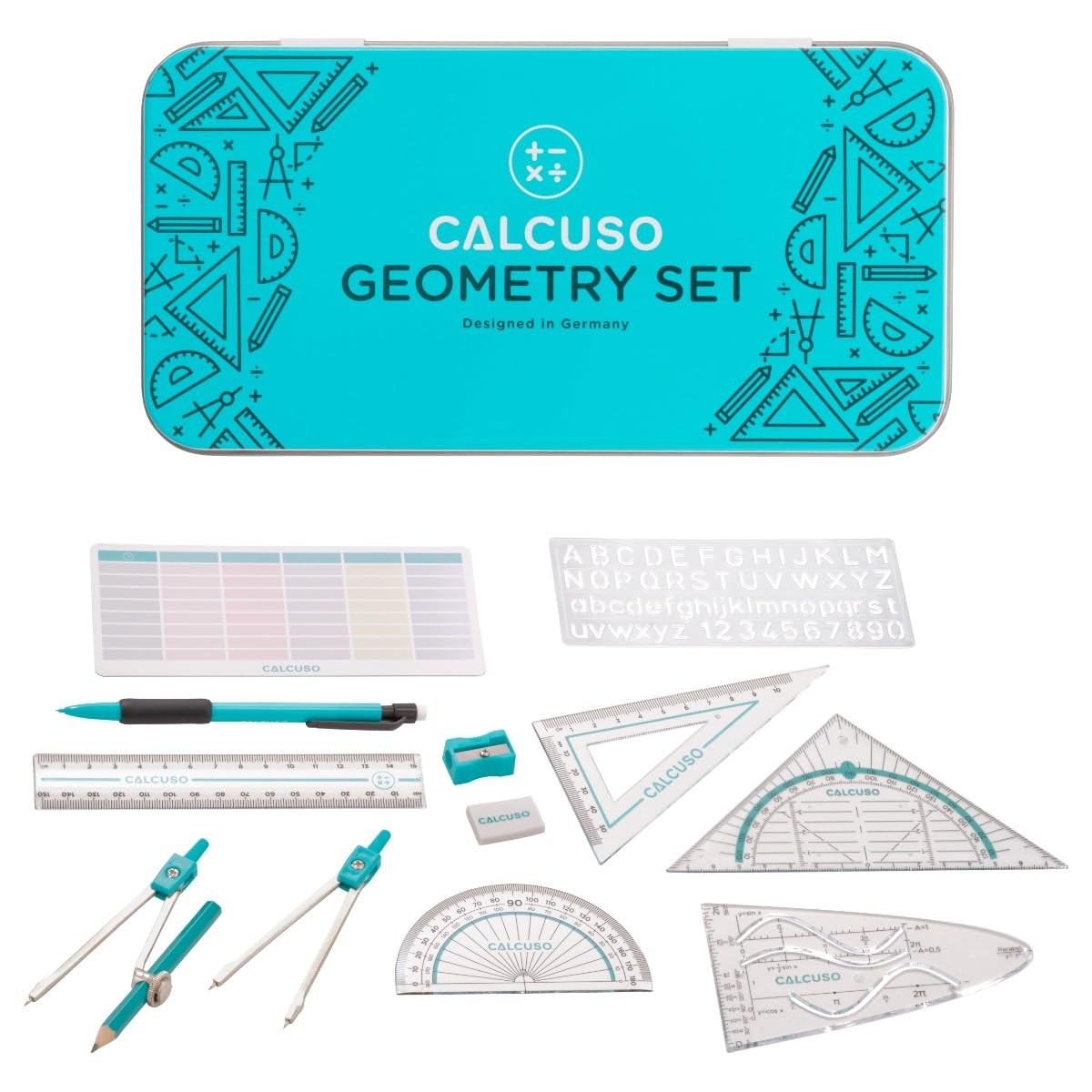 Coffret de géométrie 13 pièces avec compas en acier et équerres rigides