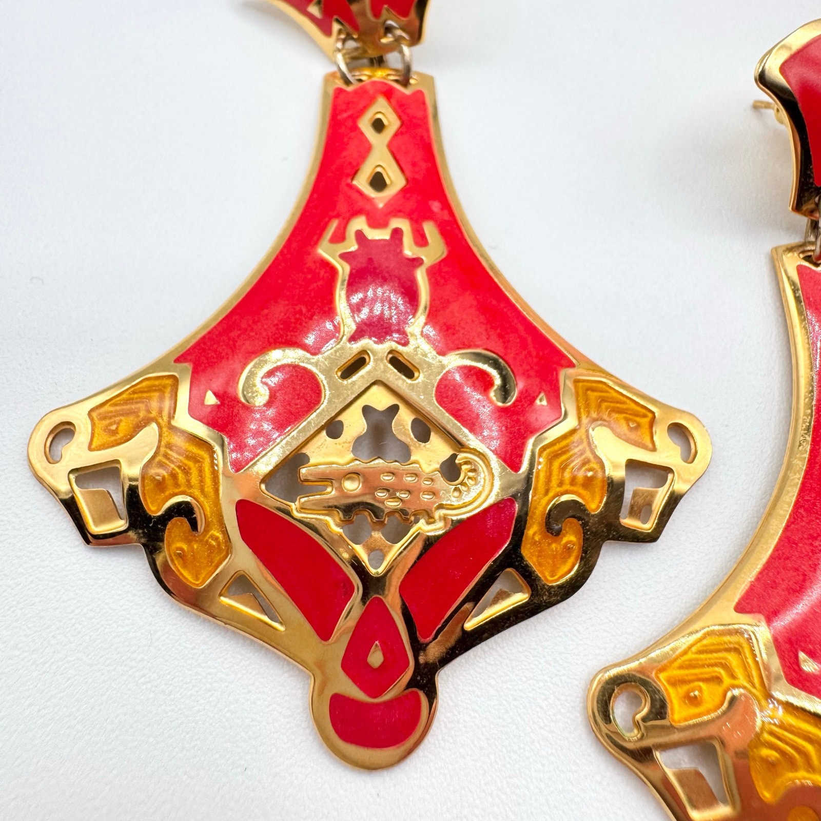 Vintage Edgar Berebi Red Enamel Earrings Big Statement Lantern Gold Tone Ornate