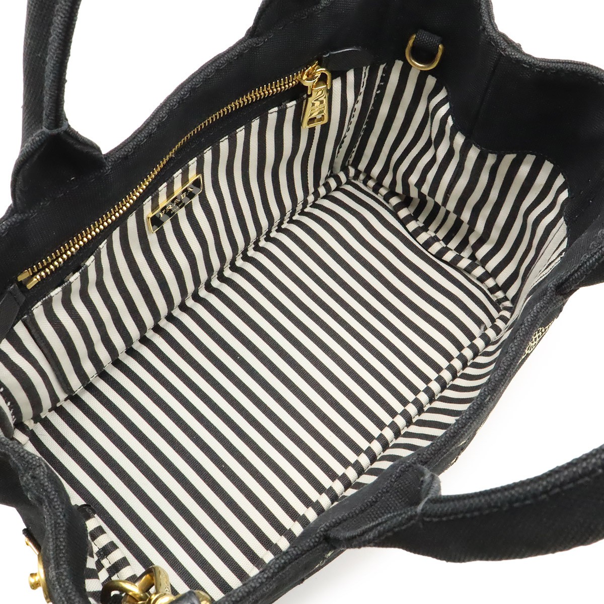 PRADA CANAPA Tote Bag 2WAY Shoulder Bag Stripe Shoulder Canvas NERO Black  from thumbnail 5