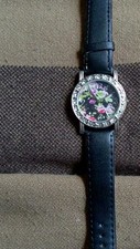 Women's Quartz Analog Wristwatch Floral Dial Black Faux Leather Band Silver Case