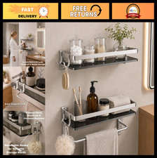 15.7  Tempered Glass Bathroom Shelf with Towel Bar  4 Hooks - 2 Tier Wall Stora