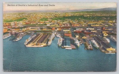 Vintage Seattle Industrial Area & Docks Postcard 1957 Cascade Range