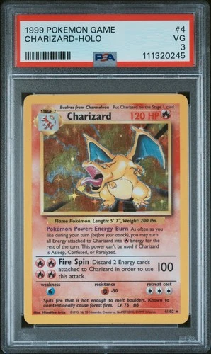 1999 POKEMON BASE SET UNLIMITED #4 CHARIZARD-HOLO PSA 3