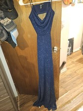Women’s Windsor Blue Gown M Cowl Neck Glitter Strappy Sleeveless Long