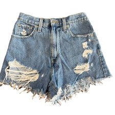 Levis High Waisted Mom Shorts Womens Sz 27 Blue Denim Distressed Cutoff Cowgirl