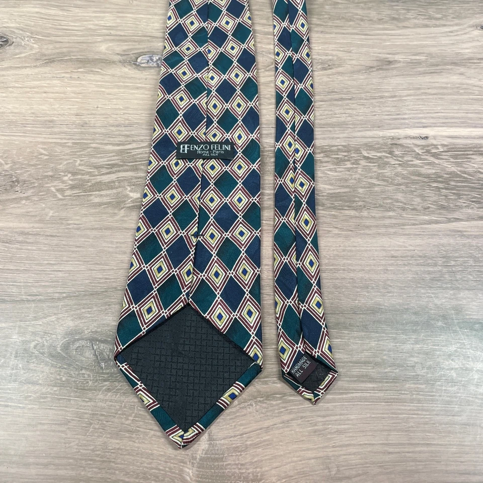 ENZO FELINI Париж мужской ручной работы шелковый галстук темно-зеленый золотой бриллиант узор официальный - Изображение 4 из 4