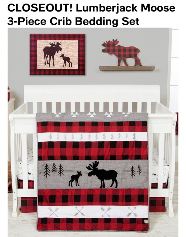 NEW Woodsy Mama Baby Moose Woods RED GRAY 3Piece Crib Bedding Set