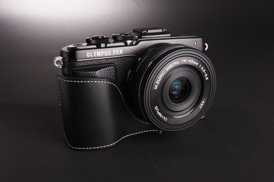 Genuine real Leather Half Camera Case bag cover for Olympus EPL7 E-PL7 Black