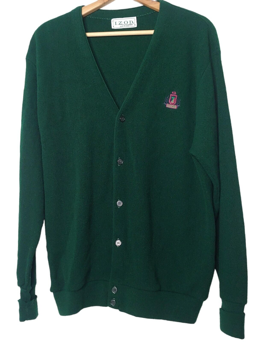 Vintage Izod Cardigan Sweater Large Hunter Green V Neck Grandpa