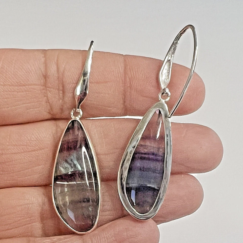 Pendientes colgantes de plata de ley 925 con cristal fluorita púrpura arco iris fluorescente Foto 4 de 4