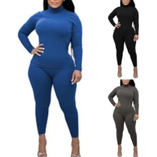 2PcsWomen Casual Bodycon Sweat Suits Turtleneck Long Sleeve Tracksuit Jogger Set