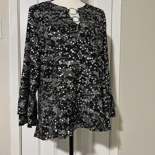 MICHAEL KORS Women's Ruffled Metallic/ Black Blouse Shirt Top Sz L - Picture 9 of 12