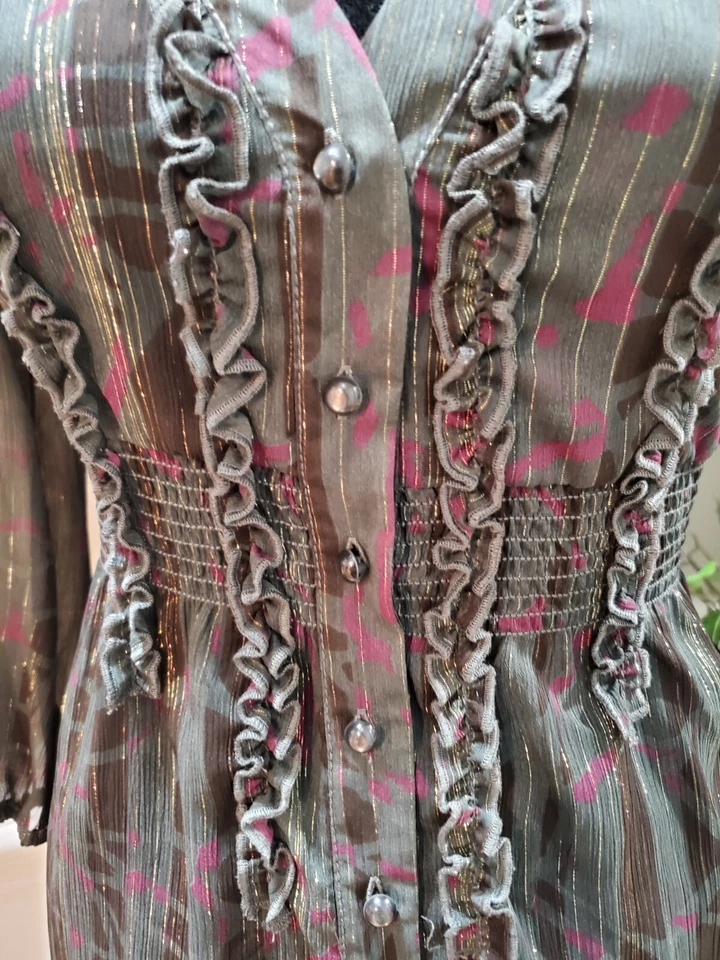 DKNY Womens Gray 100% Polyester V Neck Button Front Ruffle Trim Top Blouse Small - Image 4 of 4