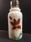Antique EAPG Mt. Washington Milk Glass Salt Shaker Painted Red Flower Artwork