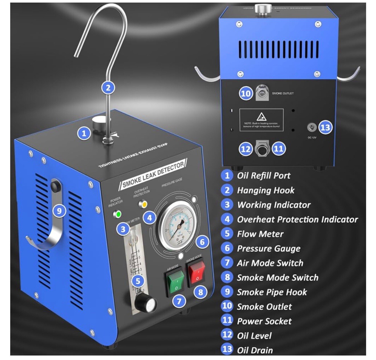 Automotive Leak Detector, Smoke Machine w/ Air Pump, Pressure Gauge, Flow Meter