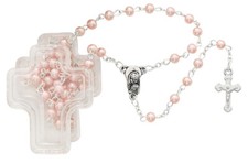 Pink Pearl Rosary Silver OX Crucifix And Center 4mm Bead First Communion Gift