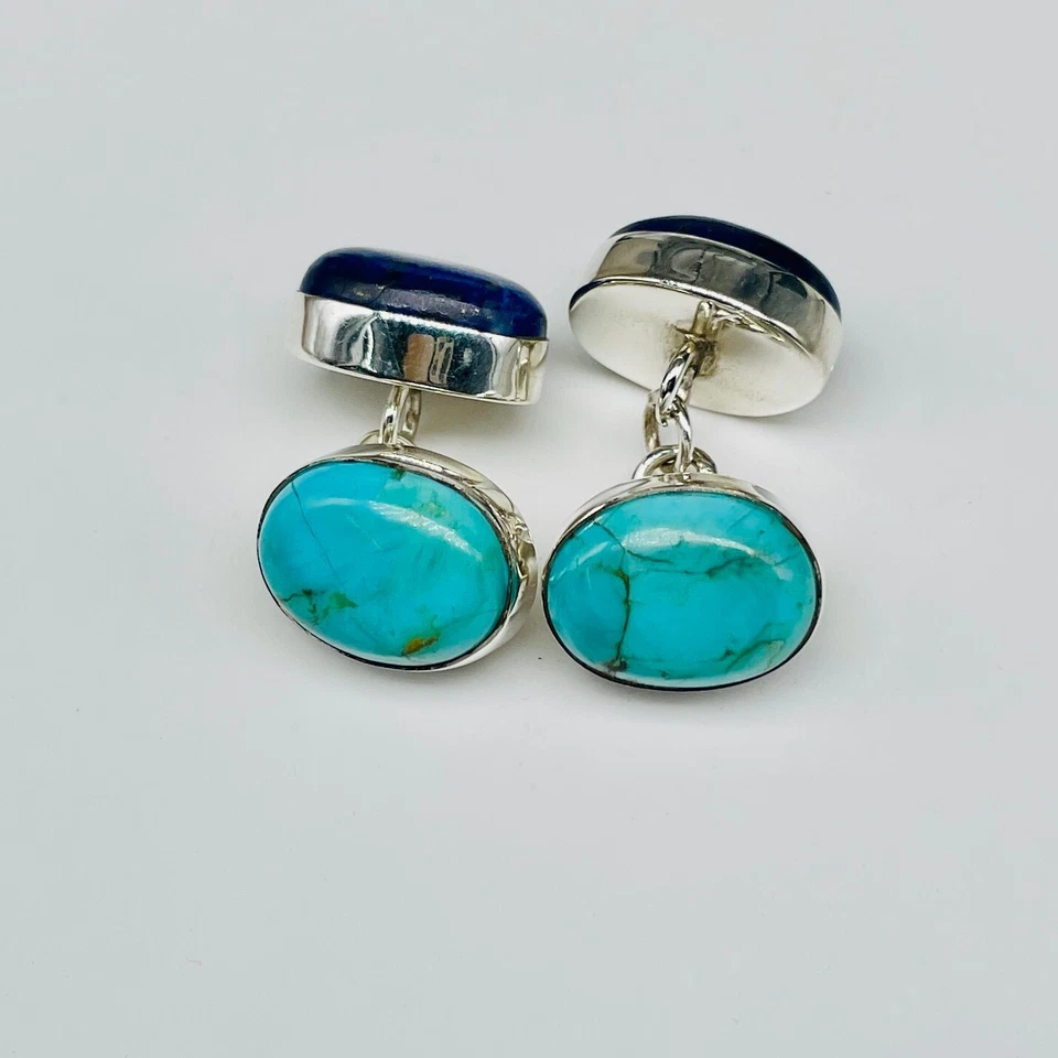 Gemelos para hombre azul turquesa y lapislázuli piedras preciosas plata de ley 925 Foto 4 de 4