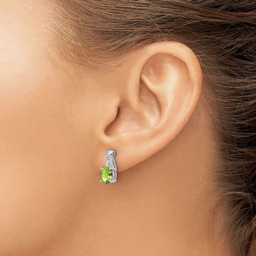 14K Solid White Gold Peridot Diamond Dangle Earrings - Picture 2 of 4