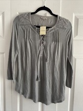 Lucky Brand Embroidered Lace Up Boho Blouse Womens Size S Gray Cotton New