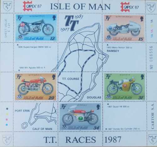 O) 1987 ISLE OF MAN, INT- PHILATELIC EXHIBITION CAPEX 1987 - MOTORCYCLE RACES-SU - Picture 1 of 1