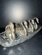Vintage Set Of 4 Silver & Crystal Swan Salt Cellars With spoons & Tray