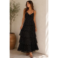 A New Day Black White Polka Dot Tiered Maxi Dress XS NWT Smocked Back Chiffon