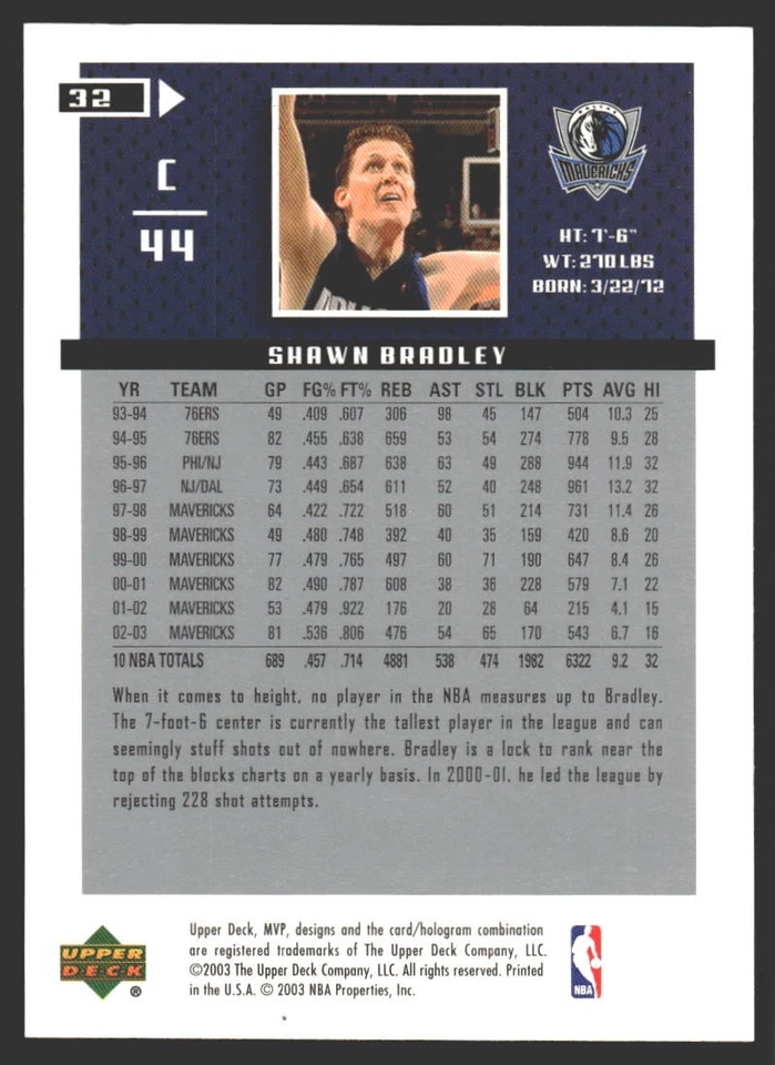 Shawn Bradley #32 2003-04 Upper Deck MVP Dallas Mavericks - Image 2 of 2