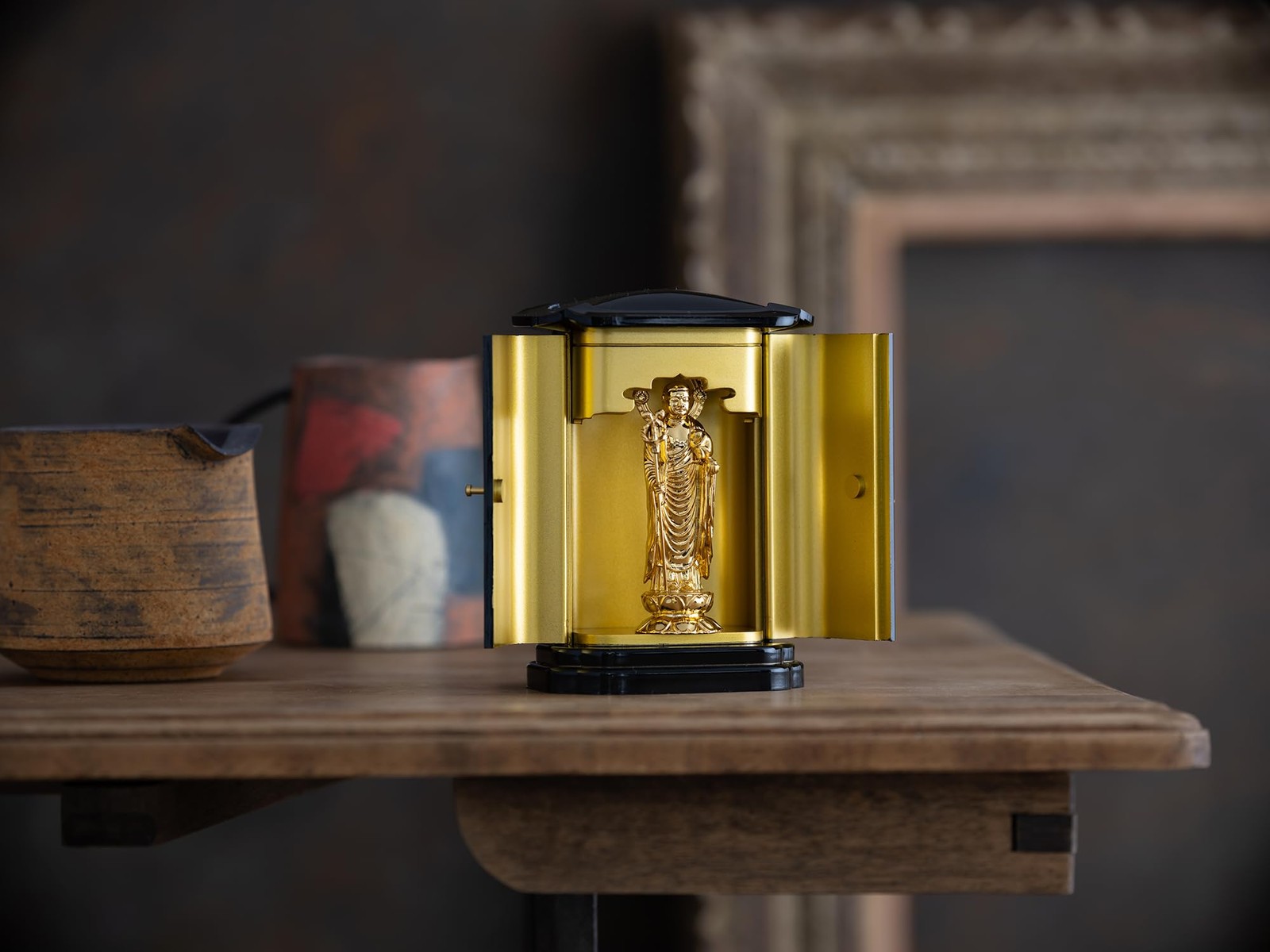 Gold-Plated Jibo Kannon Buddha in PC Shrine Case – Takaoka Copperware, Japan