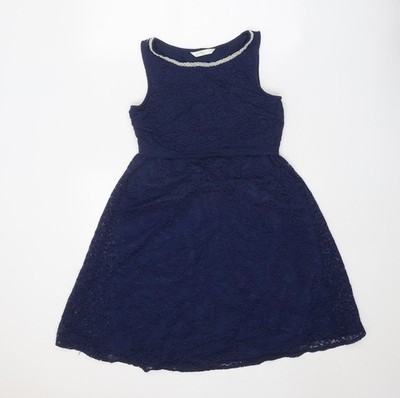 Frühling Damen blau Polyester Fit & Flare Größe S Rundhals Reißverschluss