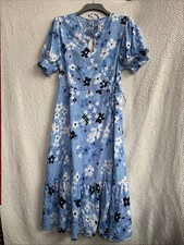 NEW LOOK Maternity Blue Floral Tiered Wrap Midi Puff Sleeve Summer Dress size 16