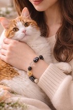 Pulseras para gato gato mamá gato dama pulsera elástica con cuentas de vidrio blanco y negro