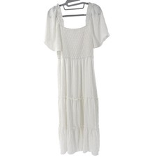 Unbranded White Swiss Dot Smocked Tiered Midi Dress Womens Size Medium