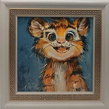 Original oil painting Tiger Cub Naive art Artist's signature Frame size: 4*4 inc